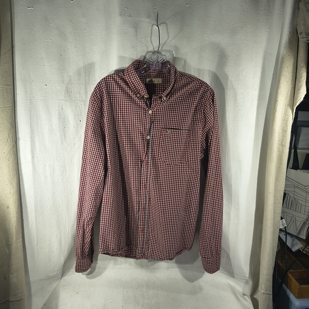 Hollister Men's Size Large Red and Blue Mini Checkered Button-Up Shirt